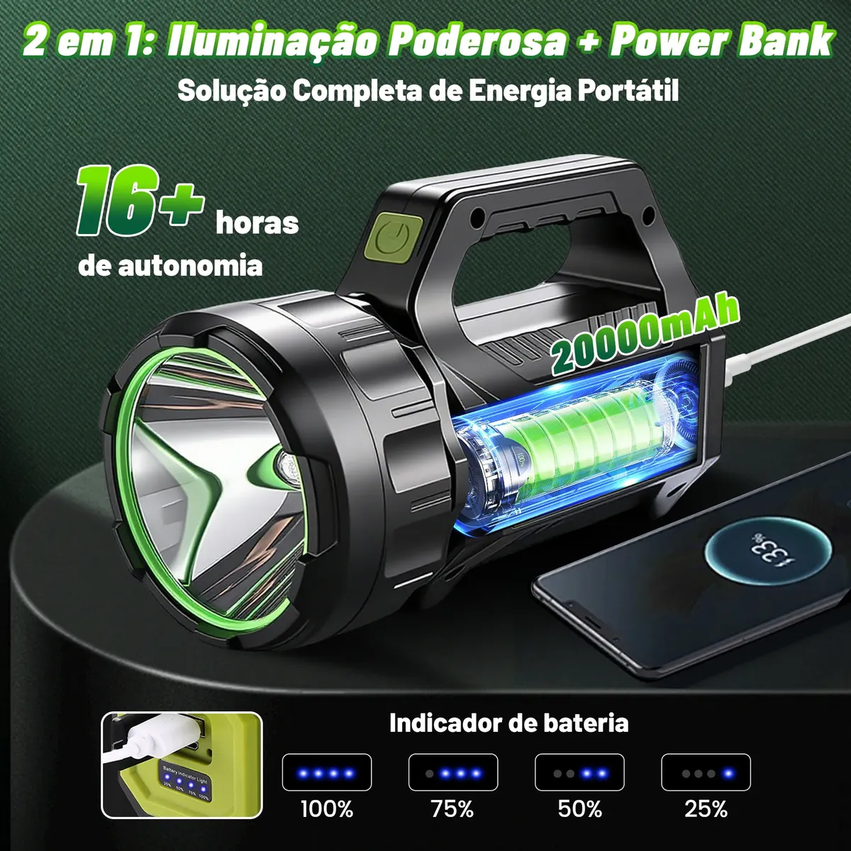 Lanterna holofote LED recarregável solar