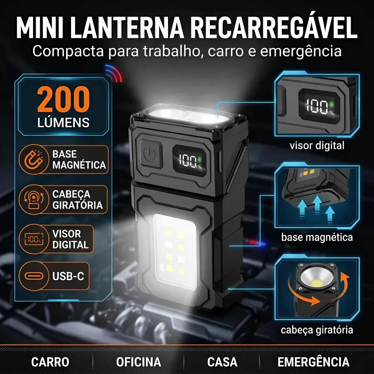 Lanterna recarregável com clipe e ímã